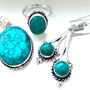 Turquoise Stone Trio Set Jewelry Silver Plated Ring Earrings Pendant size 7